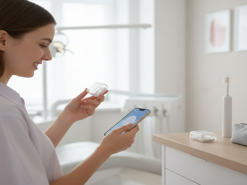 Paciente usando alineadores invisibles revisa su kit portátil y agenda para optimizar higiene y citas de ortodoncia.