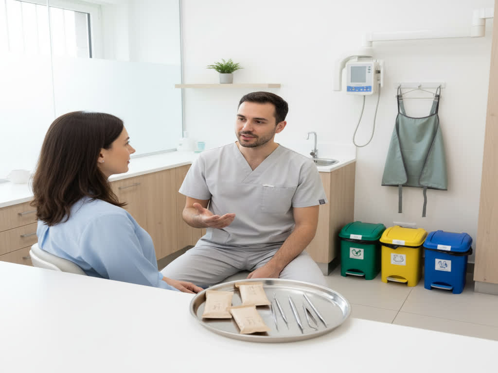 Dentista explica a paciente materiales seguros, radiografías y protocolos de esterilización en la clínica