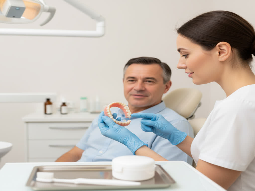 Paciente practicando higiene de prótesis dental y ejercicios orales durante el primer mes